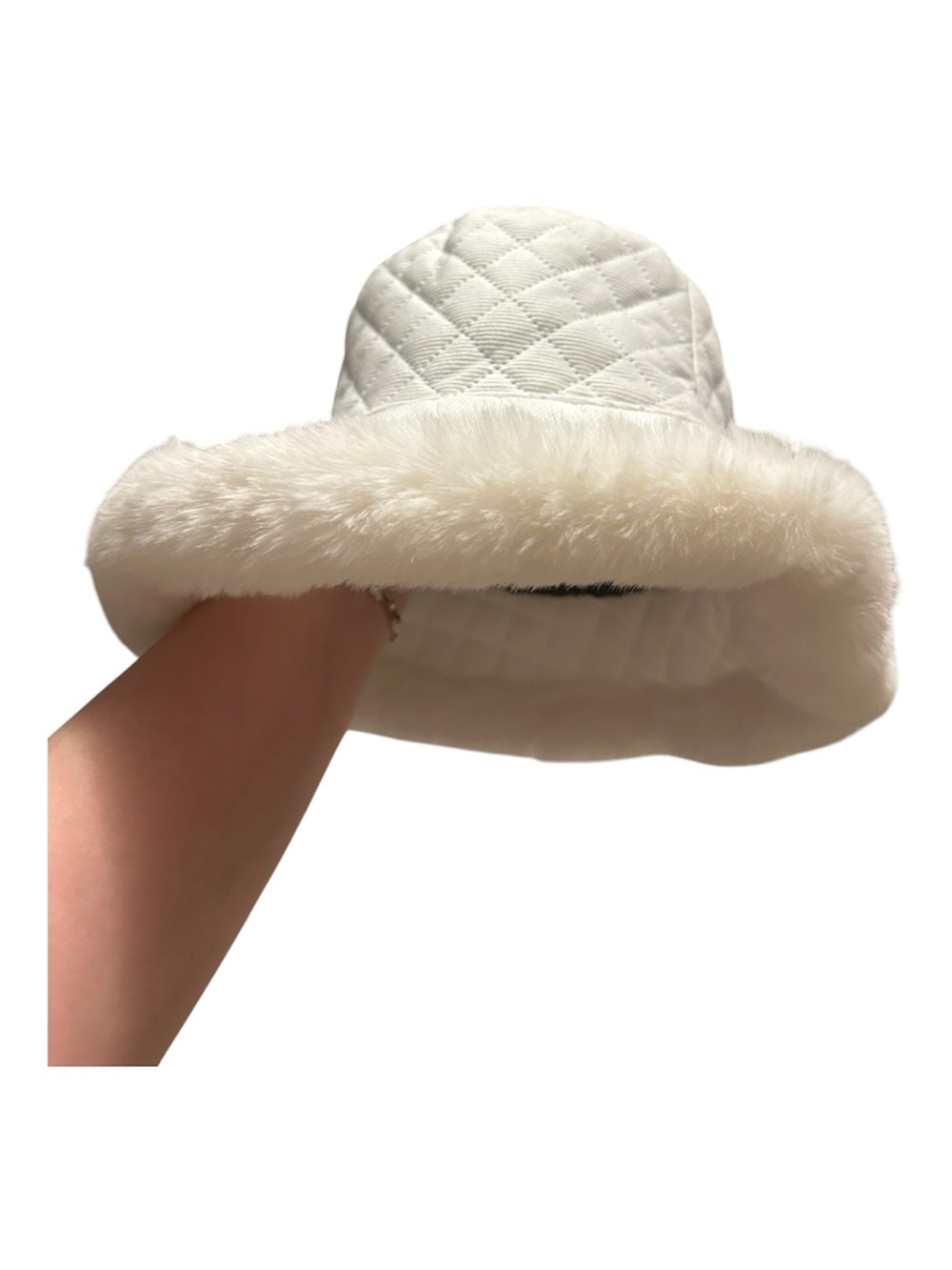 Fashion Nova Cream Quilted Bucket Hat with Faux Fur Trim